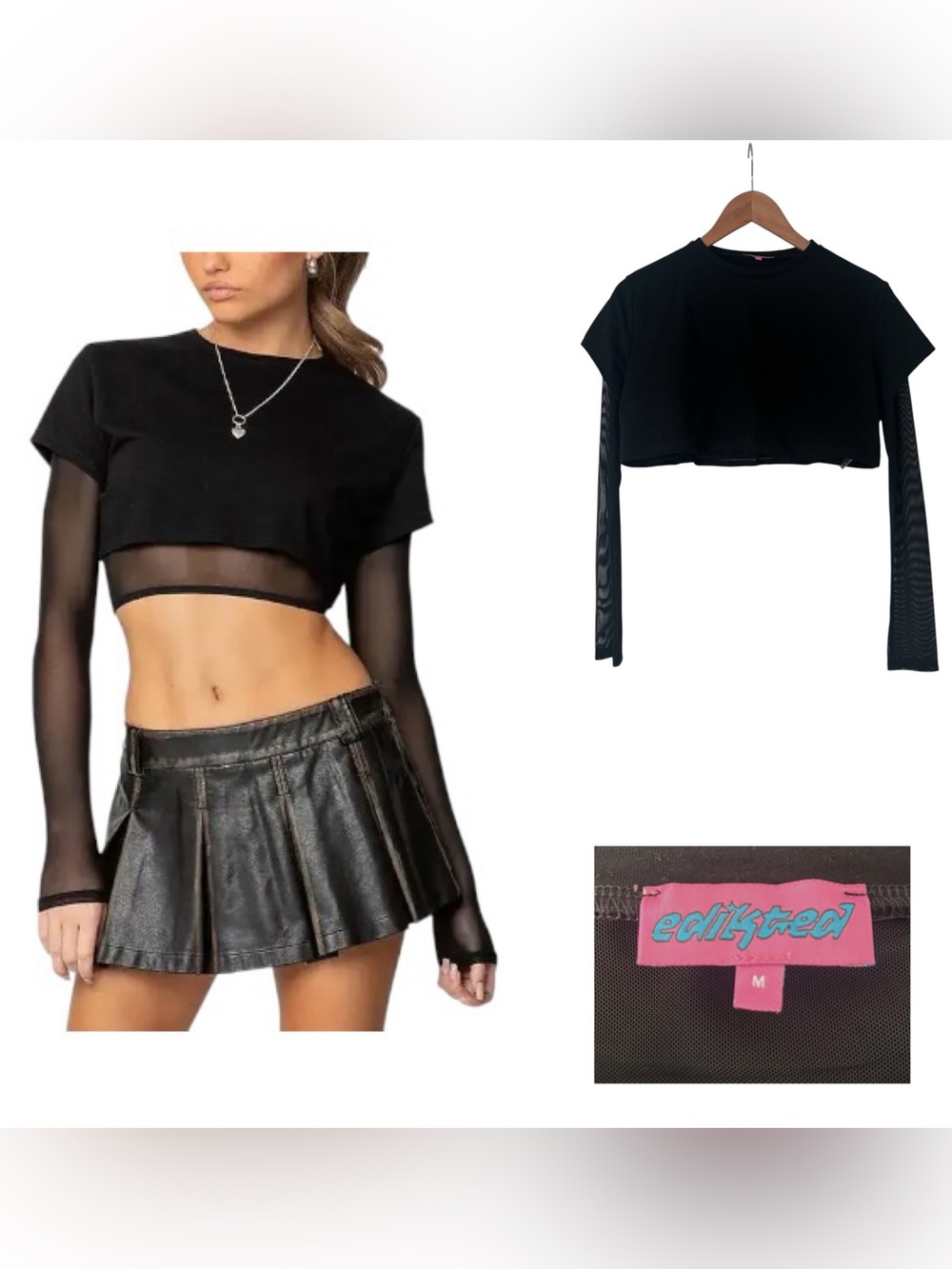 Edikted Rella Layered Sheer Sleeve Crop T-Shirt - Picture 1 of 4